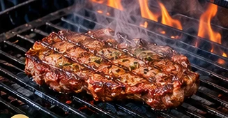 Illustratie van rokende entrecote op een gietijzeren barbecue-rooster